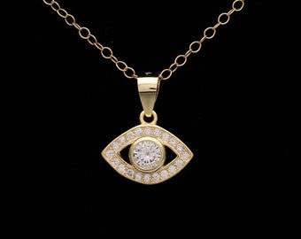 0.35TCW Round Created Diamond Evil Eye Pendant Bezel 925 Sterling Silver Charm Yellow Tone Gold