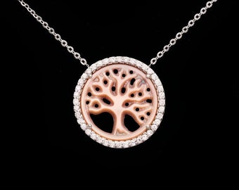 0.75ct Created Diamond Eternity Mother of Pearl Tree Charm 925 Sterling Silver Necklace 16" (18") Rose Pearl