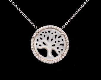 0.75ct Created Diamond Eternity Mother of Pearl Tree Charm 925 Sterling Silver Necklace 16" (18") White Pearl