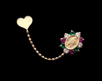 0.15TCW Created Diamond, Emerald and Ruby Heart & Virgin Maria Double Stud Two Hole Chain Piercing Earring 14K Gold