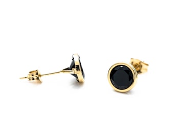 1CT Black Created Diamond Round Bezel Earrings 14K Real Yellow Gold or White Gold Studs Round VVS1