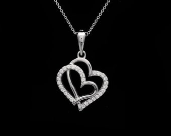0.15TCW Round Cut Created Diamond Double Open Heart Pendant 925 Sterling Silver