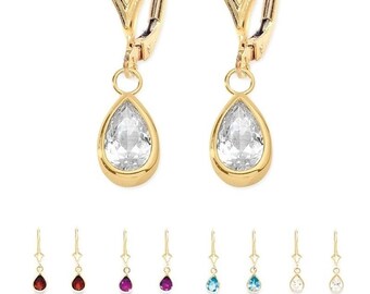 14K Yellow or White Gold 1.5ct Pear-Cut Gem Birthstone Bezel Leverback Dangle Earrings