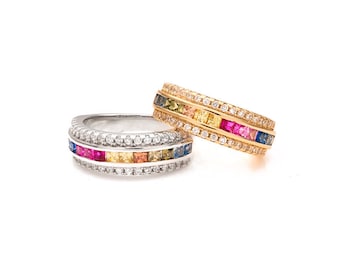 2TCW Princess Created Diamond Gemstone Rainbow Channel Ring 925 Sterling Silver