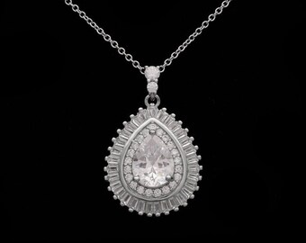 6.00TCW Pear Baguette Round Created Diamond Teardrop Pendant 925 Sterling Silver