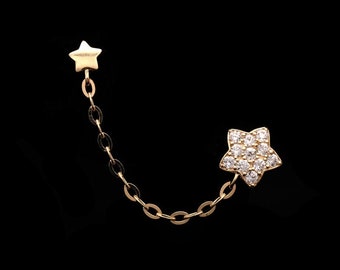 0.25TCW Created Diamond Pave Star Double Stud Two Hole Chain Piercing Earring 14K Gold