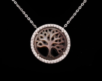 0.75ct Created Diamond Eternity Mother of Pearl Tree Charm 925 Sterling Silver Necklace 16" (18") Brown Pearl