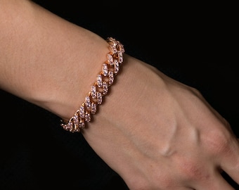 Pave Miami Cuban Curb Link Created  Diamond Bracelet Sterling Silver 925 & Rose Gold Tone 7" / 7.5"