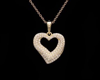0.47TCW Round Cut Created Diamond Open Heart Pendant 925 Sterling Silver Gold Tone