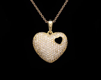 0.76TCW Round Cut Created Diamond Pave Heart Pendant 925 Sterling Silver Gold Tone