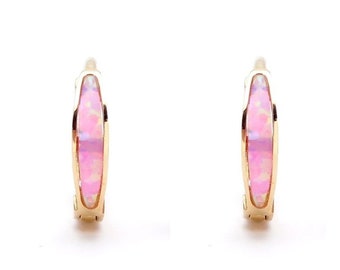 Real 14K gold Yellow / White Pink Opal Earrings Hoop Huggies, for her, gift, chriasmas