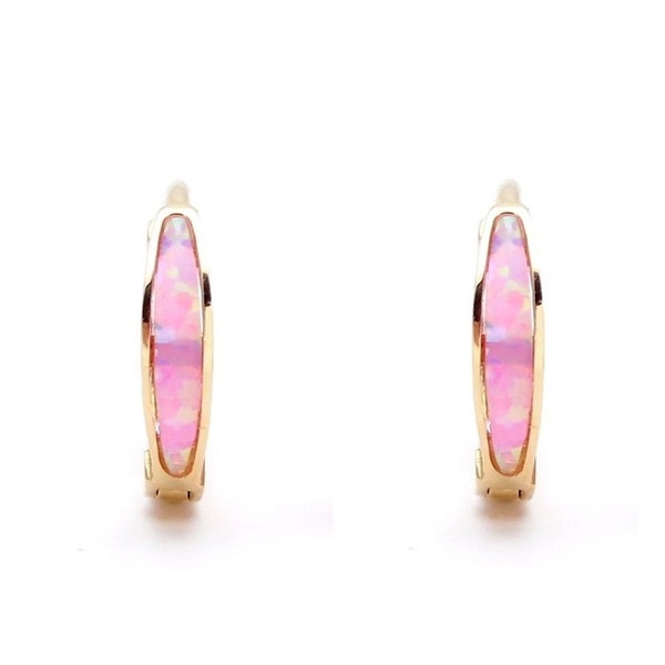 Real 14K gold Yellow / White Pink Opal Earrings Hoop Huggies, for her, gift, chriasmas