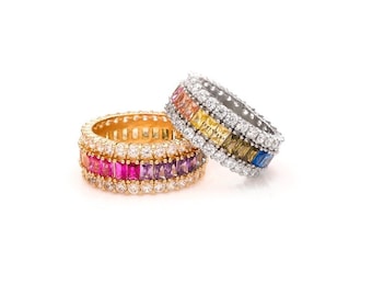 8TCW Emerald Gemstone Created Diamond Rainbow Eternity Ring 925 Sterling Silver