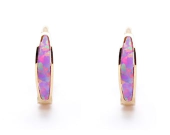 Real 14K Yellow / White Gold Purple Opal Earrings Hoop Huggies