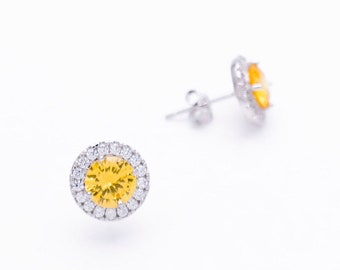 14k gold Stud Earrings Halo Yellow Citrine Diamond 1.50CT Round 14k Yellow / White Gold,  Created diamonds,