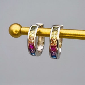 Hoop Huggie Rainbow Earrings Princess Cut Channel setting Sterling Silver 925/Yellow Gold Tone 925, for men, for women, minimalist
