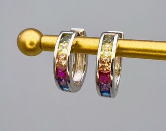 Hoop Huggie Rainbow Earrings Princess Cut Channel setting Sterling Silver 925/Yellow Gold Tone 925, for men, for women, minimalist