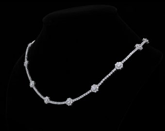 Tennis Flower Necklace 2.5mm 5.00-6.50TCW Round Created Diamond Chain 925 Solid Sterling Silver
