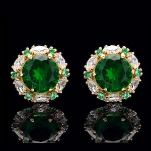 2.00CT Green Emerald Halo Marquise Created Diamond Stud Earrings 14k Yellow Gold
