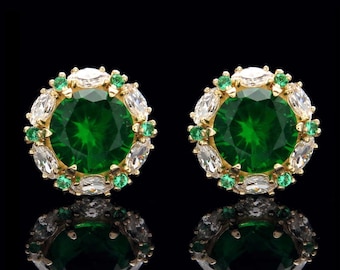 2.00CT Green Emerald Halo Marquise Created Diamond Stud Earrings 14k Yellow Gold