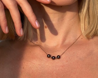 Natural 3 Pearl Necklace Round shape Beaded with chain 14K Yellow / White Gold clasp and Beads (optional), for women, Real 14k gold