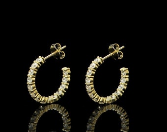 1.68CT Created Diamond Hoop Double Sided Earrings Yellow Gold Tone 925 Sterling SIlver