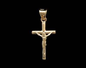 NEW Cross Pendant 14K Yellow Gold Crucifix Religious Jesus Hollow Charm