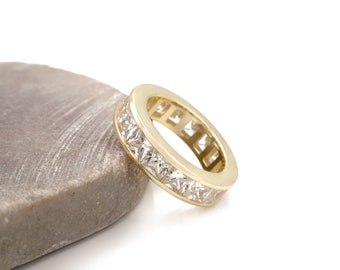 6.00 TCW Princess Created Diamonds Eternity Channel Ring 925 Sterling Silver Yellow Gold Tone