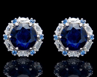 2.00 CT Blue Sapphire Halo Marquise Created Diamond Earrings 14k White Gold
