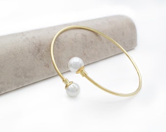 Sterling Silver  925 Bangle with Created Pearls Silver / Yellow Gold Tone