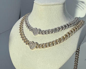 Pave Miami Cuban Curb Link Chain with Heart 6.25mm Created Diamond Necklace Sterling Silver 925 14k Gold Tone 16", for women, wedding