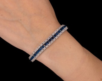 Tennis Bracelet 8mm 15.00TCW Princess Cut Created Diamond & Sapphire 925 Sterling Silver