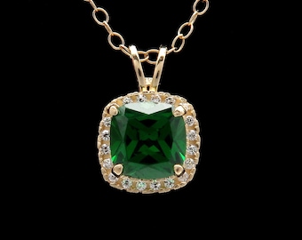 1.5CT Cushion Green Emerald Halo Created Diamond Pendant Solid 14k Yellow Gold