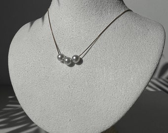 Natural 3 Pearl Necklace Round shape Beaded with 14k gold chain 14K Yellow / White Gold clasp and Beads (optional) , Women chain