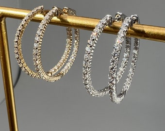 Lab Grown Diamond Tennis Hoop Earrings 1.5mm / 1.75mm / 2mm / 0.78-2.29TCW Round 14k Yellow / White / Rose Gold, for men, for women, wedding