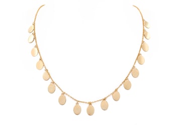 Oval Disk Beaded Chain Necklace Sterling Silver 925 Gold Tone (14"-16")