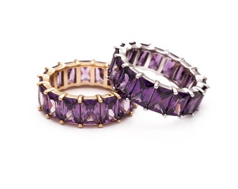 10.00ct T.W Created Purple Amethyst Emerald Cut Eternity Ring 925 Sterling Silver 7mm Band