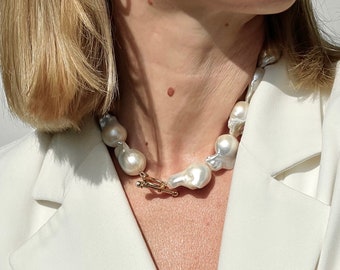 Natural Baroque Pearl Necklace Drop Beaded with 14k gold Fancy Wheel clasp, exclusive, custom necklace, for women, elegant, gift for her