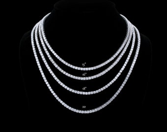 Tennis Necklace 3mm 13.75-78.00TCW Round Created Diamond 925 Solid Sterling Silver Chain