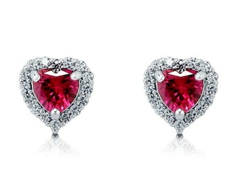 0.76CT Heart Cut Red Ruby Created Diamond Halo Earrings Studs Solid 14K Yellow / White Gold