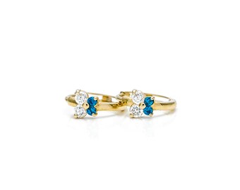 0.16tcw Created Diamond & Blue Topaz Butterfly Huggie Earrings 14k Yellow / White Gold