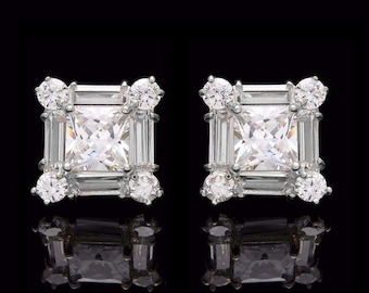 2.00CT Princess Baguette Round Cut Created Diamond Stud Earrings 14K White or Yellow Gold
