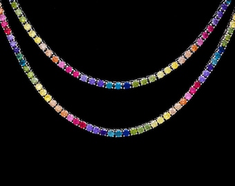 Tennis Necklace 3mm 13.75-45.00TCW Round Color Gemstone Rainbow 925 Solid Sterling Silver