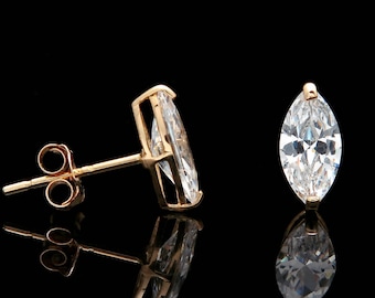 1.00ct Marquise Cut Solitaire Earrings Studs Real 14K Yellow Gold Heavy Basket
