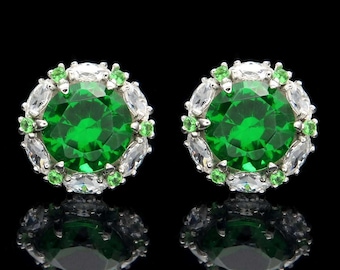 2.00CT Green Emerald Halo Marquise Created Diamond Stud Earrings 14k White Gold