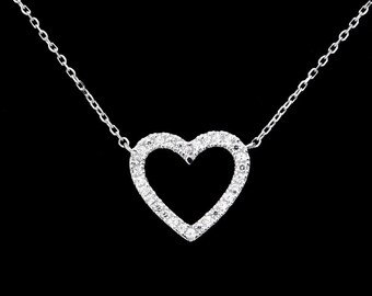 16" Open Heart Love Necklace 14k White Gold 0.15tcw Created Diamond Pendant