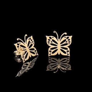 14k Yellow Gold Butterfly Earrings Designer Style Open Ornate Studs