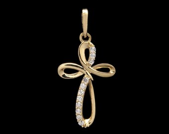 Cross Pendant 14K Yellow Gold Charm 0.05ct Brilliant Round Cut Created Diamonds