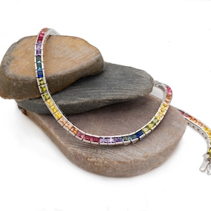 Tennis Chain Necklace 4mm 25.00TCW Princess Cut Channel Color Gemstone Rainbow 925 Solid Sterling Silver or Yellow Gold Tone 925, men women
