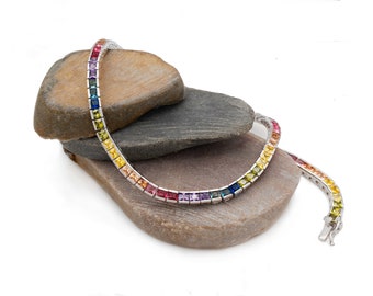 Tennis Chain Necklace 4mm 25.00TCW Princess Cut Channel Color Gemstone Rainbow 925 Solid Sterling Silver or Yellow Gold Tone 925, men women